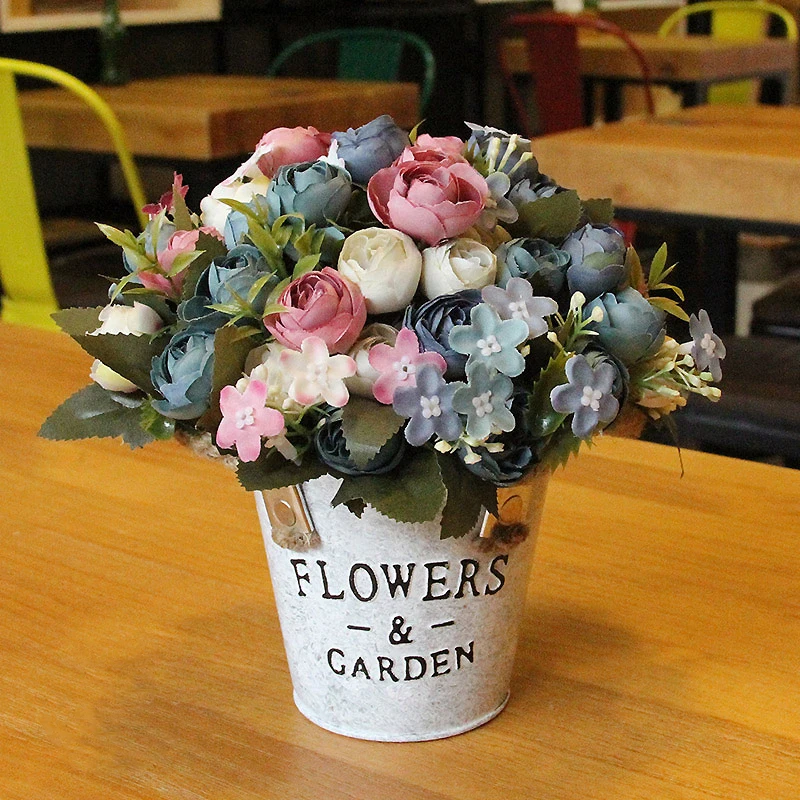 

1Set Variety Rose Small Circle Hand-made Iron Bucket Artificial Flowers Vase Wedding Home Shop Decoration Fake Flower 34Color