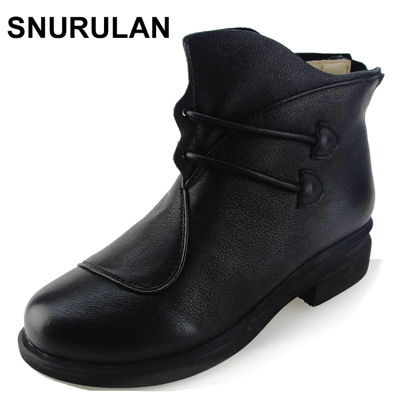 

SNURULAN Women's Boots Brown Black Autumn Winter Female Boots Woman Shoes Genuine Leather Slip on Ankle Boots Chic Style