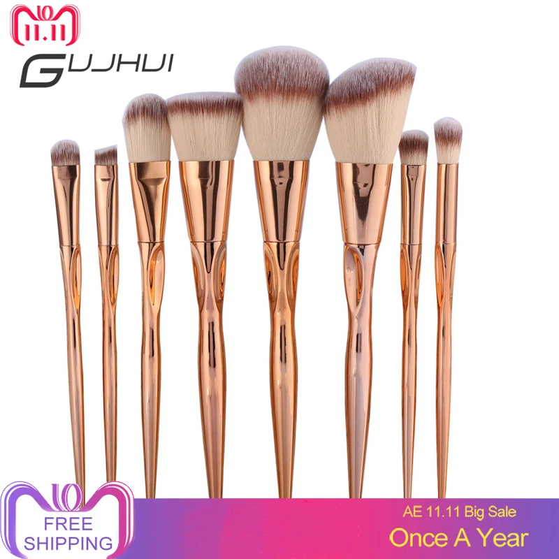 

GUJHUI Pro 8pcs Metal Makeup Brushes Set Cosmetic Face Foundation Powder Eyeshadow Eyebrow Blush Lip Plating Make Up Brush Kit