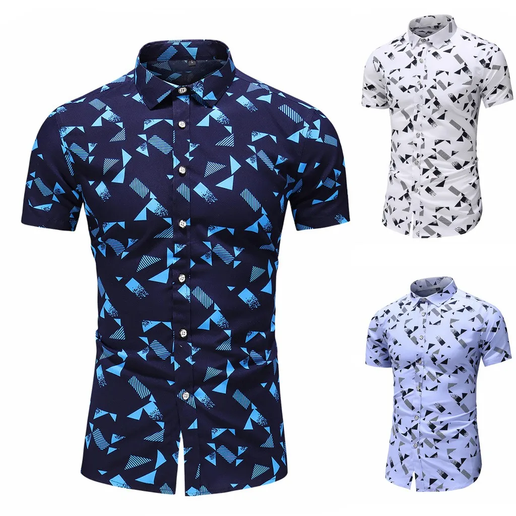 

Men's Print Button Turn-Down Collar Slim Fit Short Sleeve Shirt Top Blouse