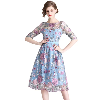 

HAMALIEL Sky Blue Mesh Embroidery Big Swing Women Dress Luxury 2019 Spring Tull Floral Sexy Party Dress Vintage O Neck Vestidos
