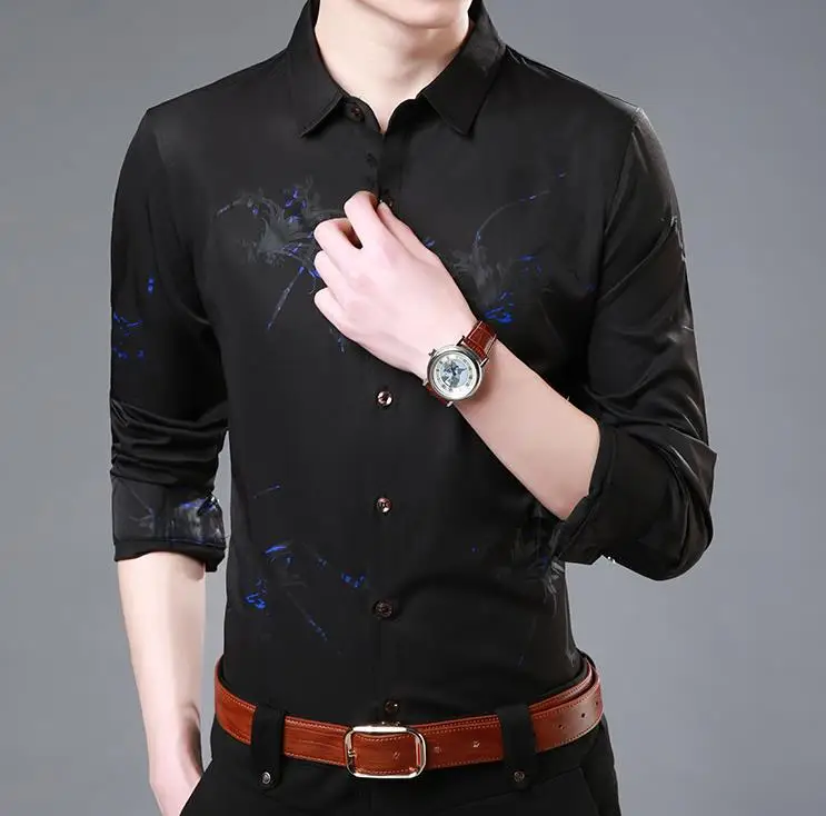 BONJEAN бренд Для мужчин рубашки мерсеризованный хлопок Цветочный Цвет Slim Fit с длинным рукавом шелк хлопок удобные мягкие Для мужчин s рубашки - Цвет: style2