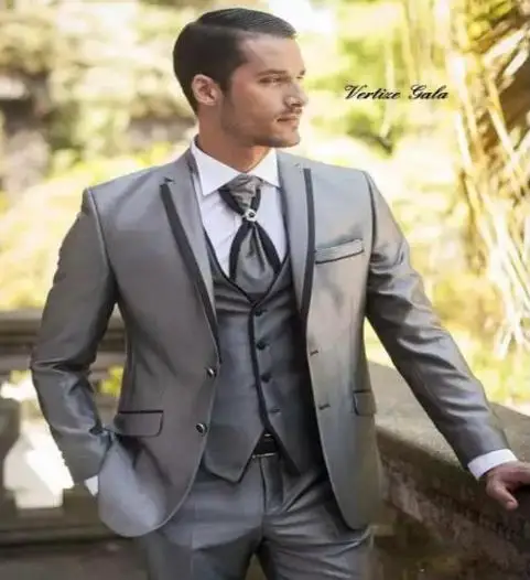 

Wedding Prom Grey Satin Fashion Mens Dinner Party Casual Suit (Jacket+Pant+Vest) Groom Tuxedos Groomsmen Blazer Suits For Men