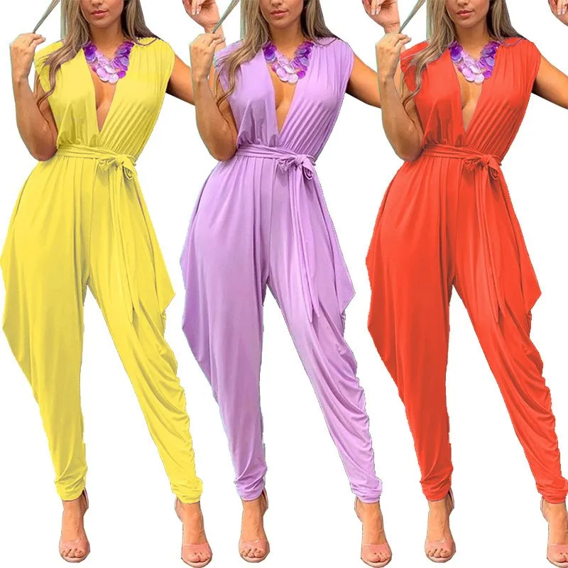 

2019 Women Sleeveless Sexy Party Jumpsuit Deep V Neck Casual Playsuit Sashes Ladies Loose Haren Pleated Overalls