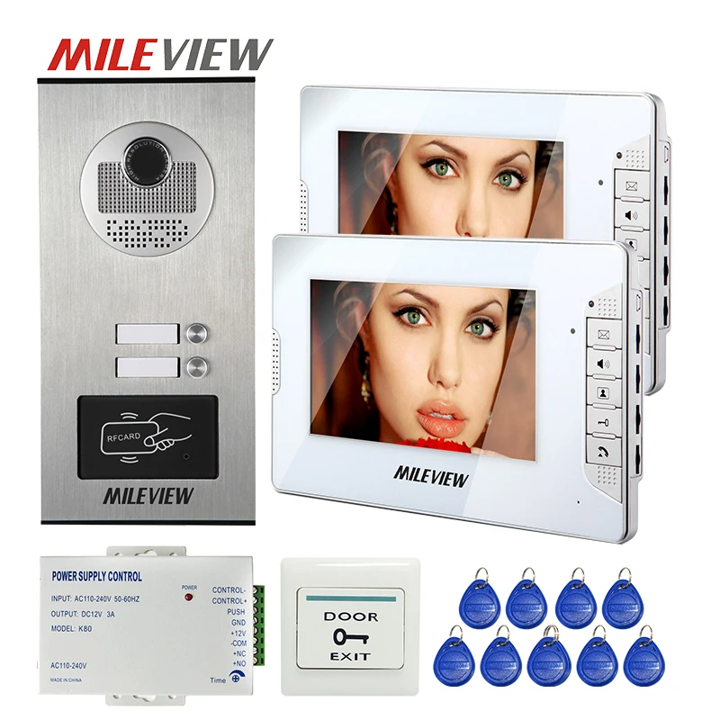 

FREE SHIPPING 7" LCD Screen Video Intercom Door Phone System 2 White Monitors RFID Access Door Camera for 2 Apartment 12V POWER