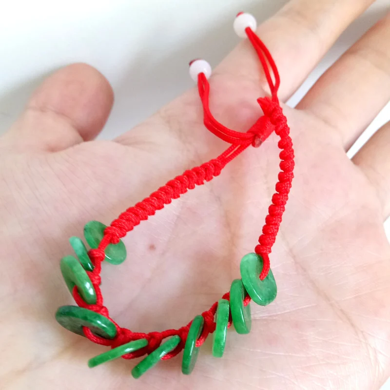 

Handmade Weave Red String Bracelet 100% Natural Green Jadeite Round Circle Bracelet