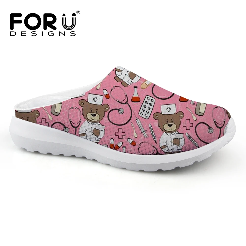 

FORUDESIGNS Cute Nurse Bear Print 2019 Summer Women Platform Flats Sandals Shoes Antiskid for Female Slippers Pink Zapatos Mujer