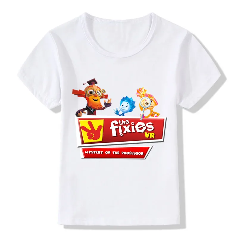 Детская забавная футболка с русским мультяшным фиксиком летние топы с короткими рукавами для мальчиков и девочек, детская повседневная одежда HKP5148
