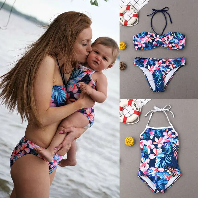 

Fashion Print Parent-child Swimwear Women's Baby Girl Bikini Family Pair Beach Wear Bandage Push Up Swimsuit