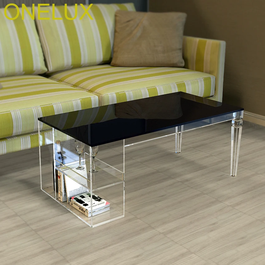 Tapered Legs Acrylic Coffee Table,Lucite Magazine Tables With Side Storage Trays-100W50D40H CM Tapered Legs Acrylic Coffee Table,Lucite Magazine Tables With Side Storage Trays-100W50D40H CM