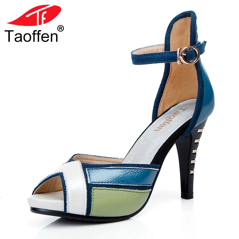 

TAOFFEN Universe Fashion High Heel Sandals Women shoe Genuine Leather Three color patchwork Elegant platform Shoes