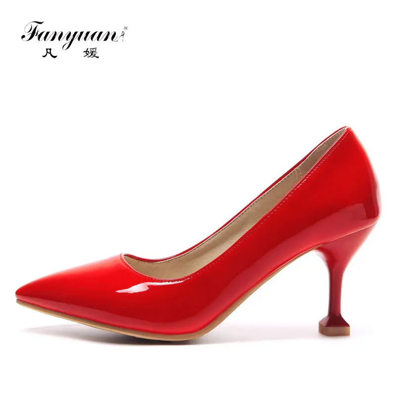 

Fanyuan Factory Price Sexy High Heels Patent Leather Pointed Toe Female's Dress Shoes Big Size Slip-On Hand-sewn Pumps women