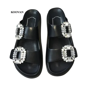 

Koovan Women Rhinestone Sandals Slippers 2020 New Square Buckle Soft Bottom Leisure Open Toe Flat Shoes For Women's Girls