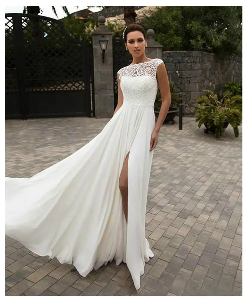 

Cheap Boho Wedding Dress 2019 A-line Appliques Chiffon Bride Dress Custom Made High Split Wedding Gown Free Shipping Bride