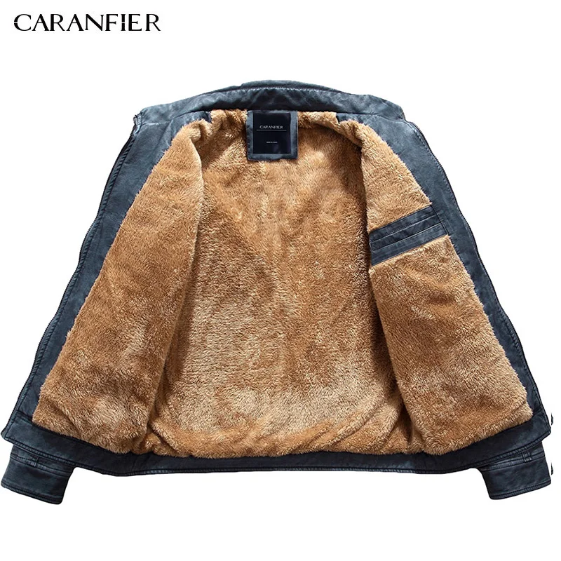 CARANFIER Мужская Флисовая Толстая кожаная куртка повседневная верхняя одежда