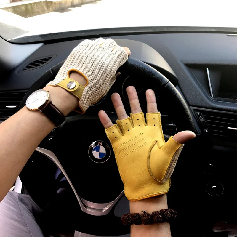 

NEW Mens genuine leather Gloves Knitted Leather Gloves Male Breathable Unlined Non-slip Driving Gloves mitten Men leather gloves