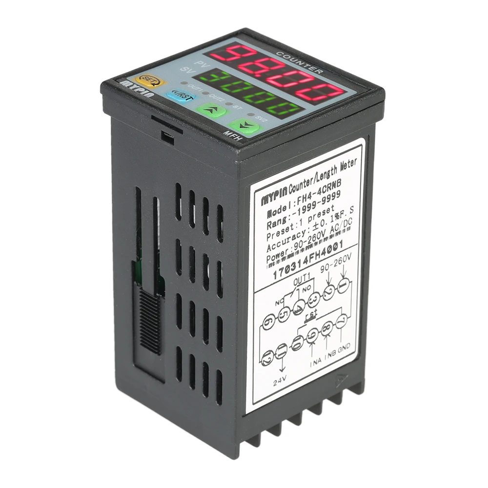 

Intelligent Electronic Counter Length Meter Dual 4 Digits LED Display 90-260V AC/DC Preset Length Counter Relay Output PNP NPN