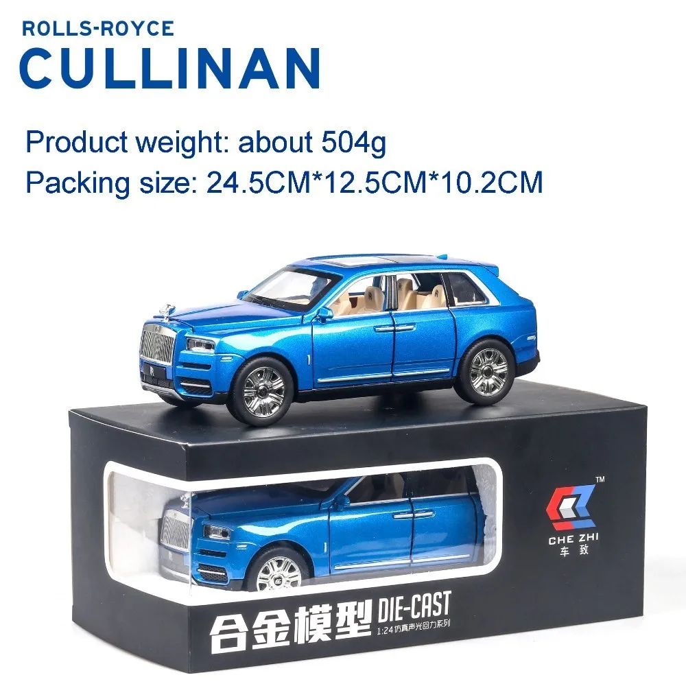 1:24 Rolls Royce Cullinan, модель автомобиля из сплава, большой размер, имитация внедорожника, металлическая модель автомобиля, светильник со звуком, вытяжка, 6 дверей - Цвет: Blue Box A