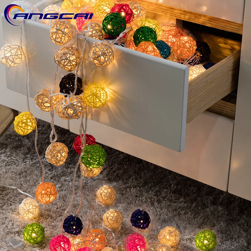 

20pcs/sets black gray white mixed Handmade Rattan Wicker Balls String Lights Fairy Party Garland Patio Decor Night lamp
