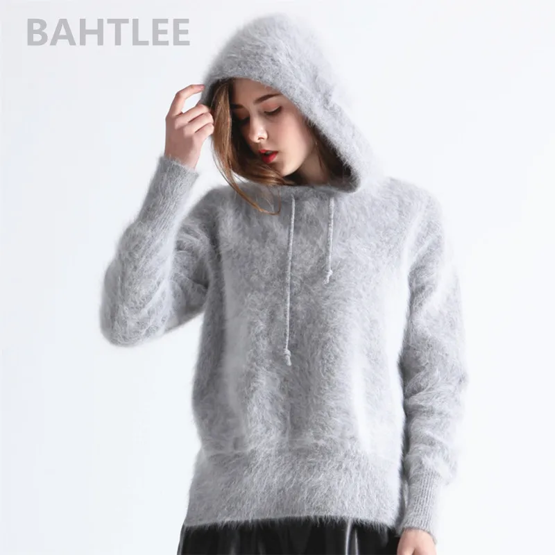 Online Bathlee invierno mujer Angora Jersey de punto con tapa Jumpe mangas largas mantener caliente suelta Stye grueso cuatro colores