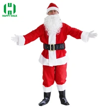 Рождественский костюм Санта Клауса Для Взрослых Красный Рождественский Санта Клаус роскошный костюм+ шапка+ борода+ перчатки+ ремень+ бахилы