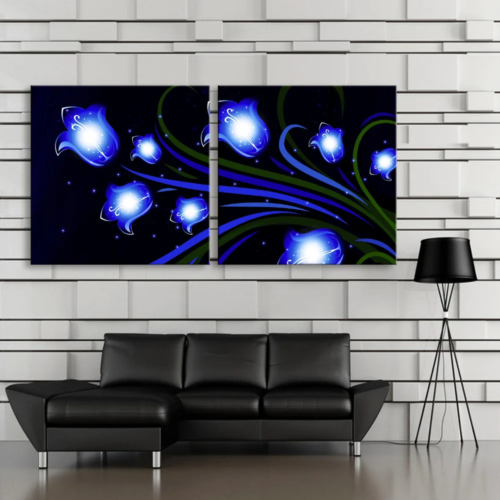 

Free Shipping Stretched Canvas Prints Blue Flowers LED Flashing Optical Fiber Print LED Wall Art LED Decorations