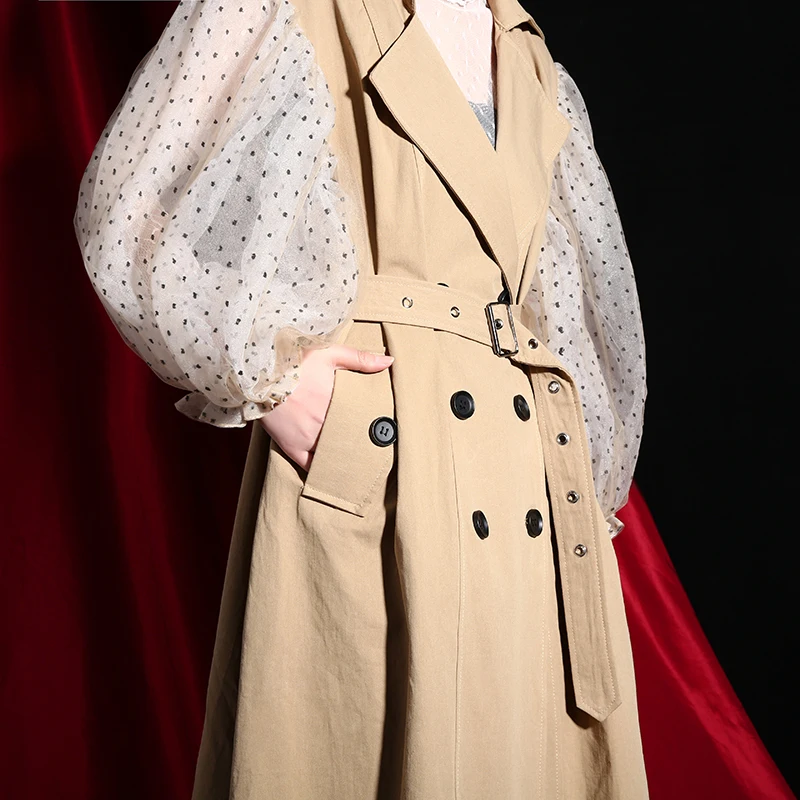 [EAM] Новинка, Весенняя ветровка с отворотом, длинным пышным рукавом, с поясом, в горошек, с сеткой, свободная, длинная, большого размера, модное женское пальто JH3