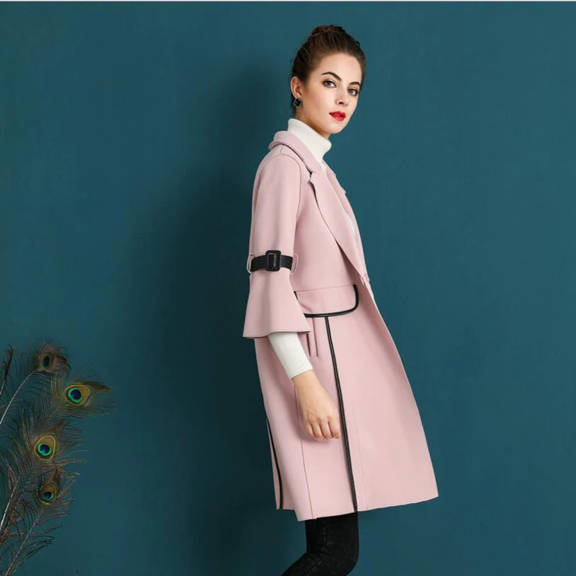 Large Size Women Turn Down Collar Long Trench Coat Plus Size Fashion Pink Lapel Flare Sleeve 