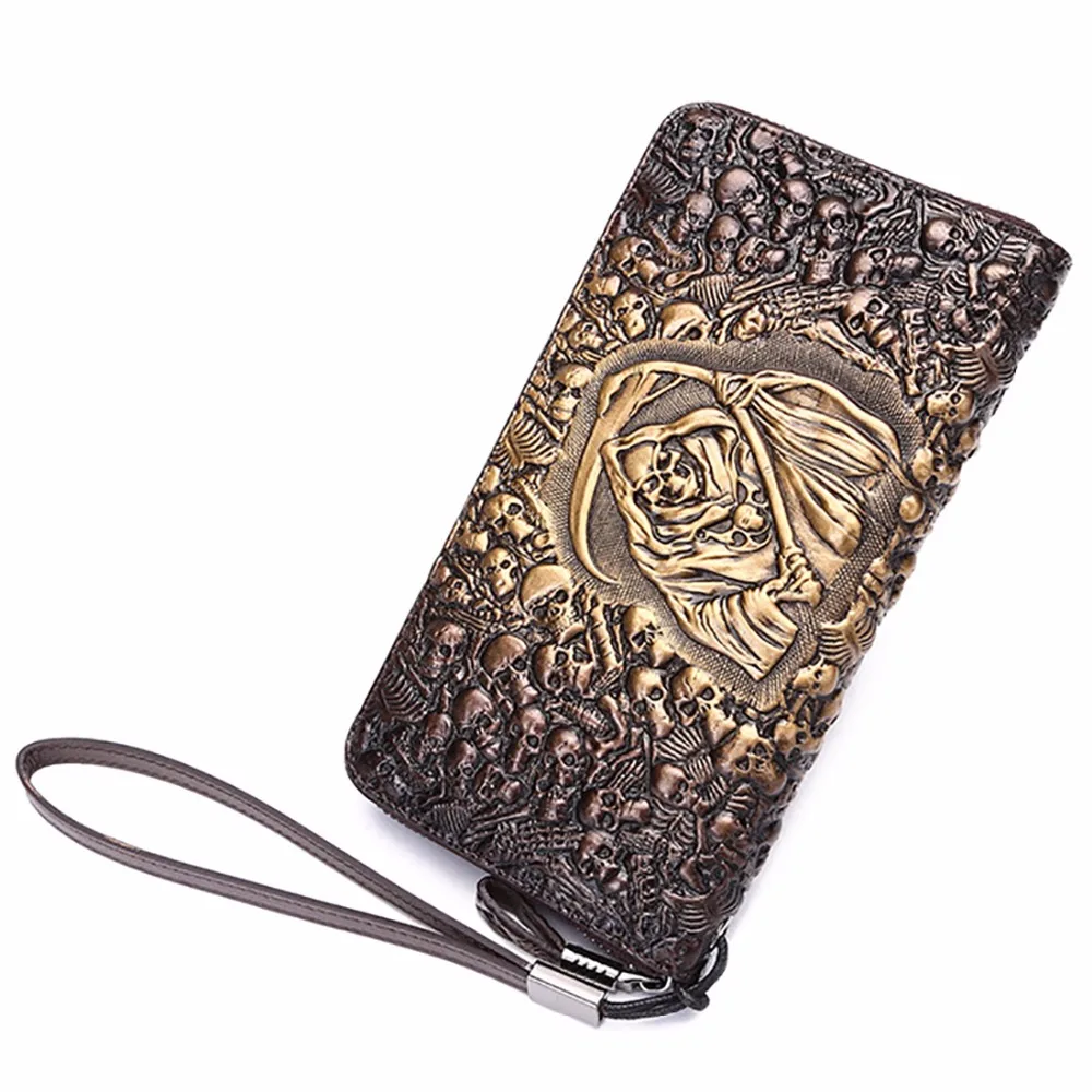 Genuine Leather Women Men Fashion Long Wallet Skull Pattern Designer Pocket Card Holder Clutch ...