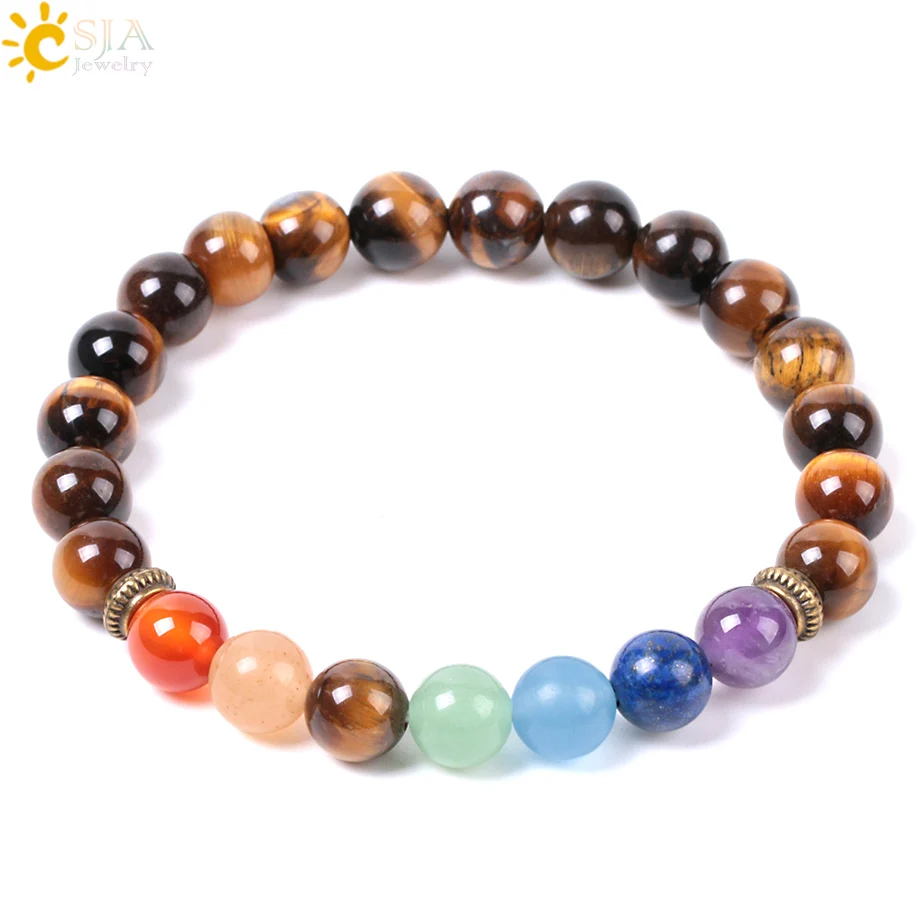 

CSJA 2018 Natural Mala Gem Stone Tiger Eye Mens Women Charm Bracelets Meditation 7 Chakra Yoga Beads Tibetan Prayer Hombre E958