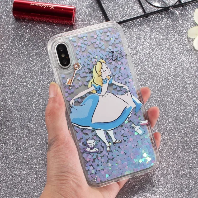 

Cute Korea Cartoon Alice Dream Shine Liquid Quicksand Flowing Clear Full Cover Phone Case For iPhoneX 8/6s 7plus Shell Protect