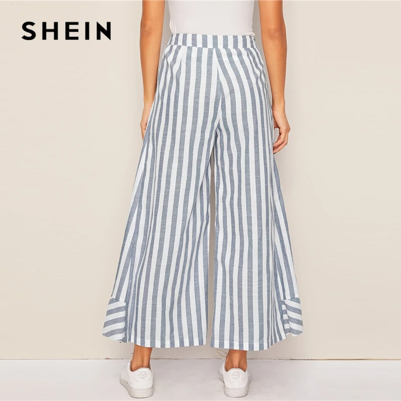 SHEIN двухцветные брюки палаццо с оборками и поясом, Boho, с высокой талией, широкие брюки, весна-лето, свободные женские брюки в полоску