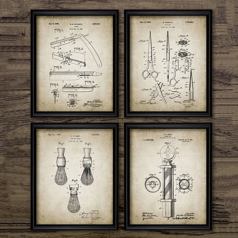 

Barber Patent Blueprints Vintage Posters Canvas Prints ,Shaving Brush, Scissors Barber's Pole, Cutthroat Razor Barbershop Decor