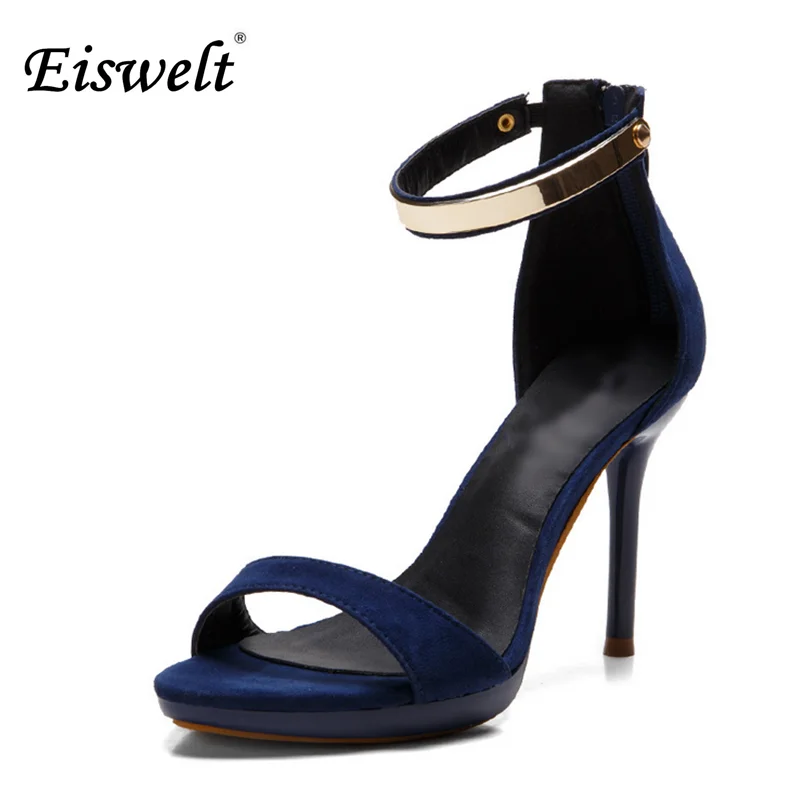 

Eiswelt New 2017 Summer Concise Nude Suede High Heels Sandals Women Sequined Ankle Strap Shoes Woman Open Toe Sandals#GMJ7