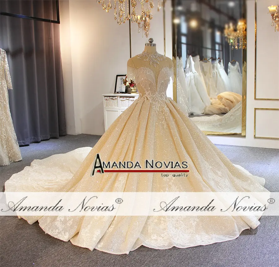 Сверкающее Длинное Пышное свадебное платье со шлейфом с подвеской на кристалле цвета шампанского свадебное платье