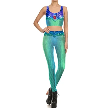 

1713 Women Leggings Vest Fitness Set Sexy Girl Crop Top Pants Slim Suits Mermaid Scale Red Crystal Printed