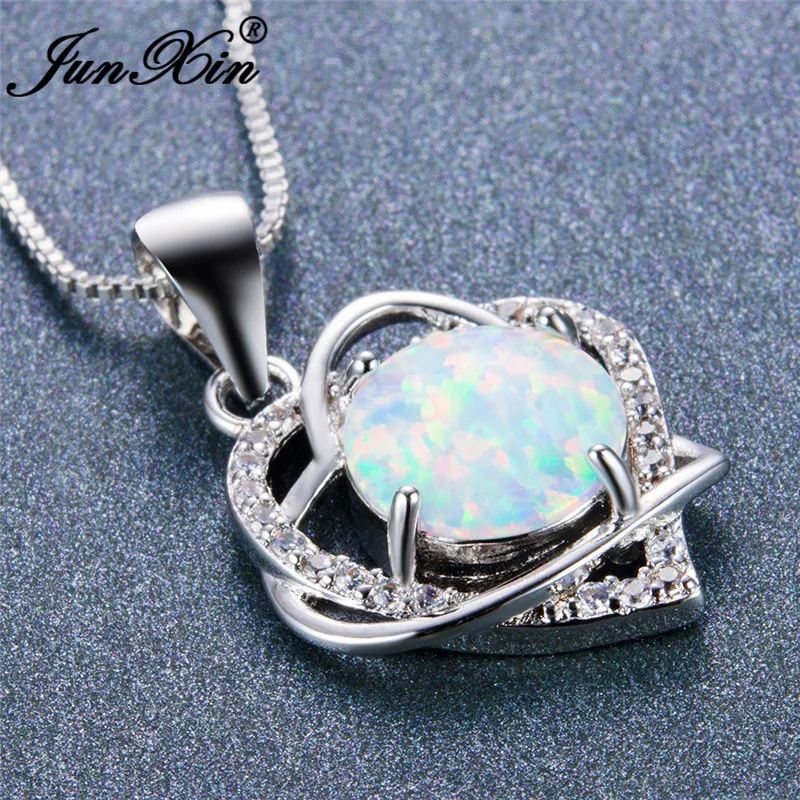 

JUNXIN Romantic 925 Sterling Silver Filled Double Heart Statement Necklace Jewelry Round CZ White Fire Opal Pendant Necklaces