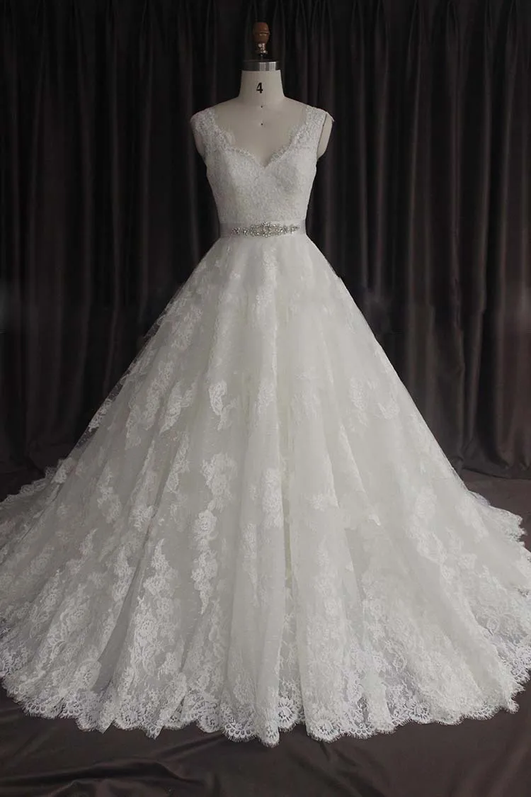 

Amazing White A-Line V-Neck Sleeveless Open Back With Beaded Sash Long Lace Wedding Dress 2014 Robe De Mariage Bridal Gown MA-13