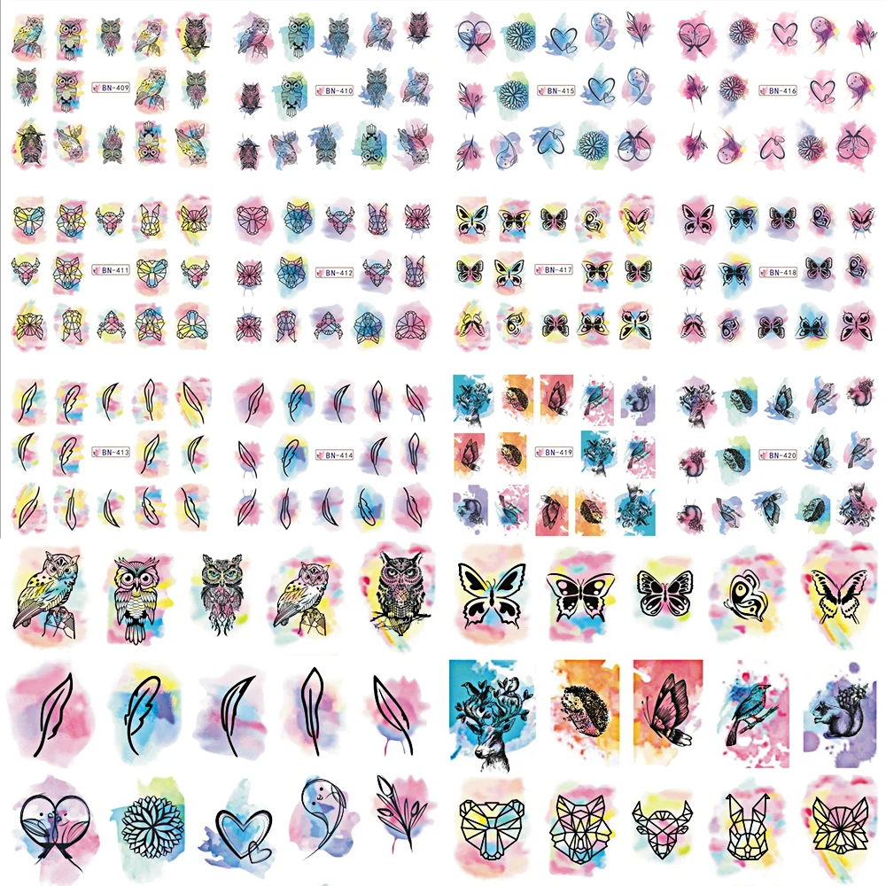 

12 Designs Watercolor Nail Decals Geo Animal Flower Owl Feather Water Transfer Stickers Nail Wraps Decoration Tips BEBN409-420