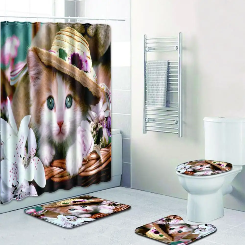 

None 4Pcs/Set Cute Cat Printing Shower Curtain Nonslip Mat Rug Cover