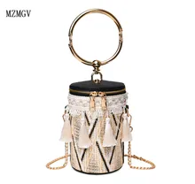 MZMGV Round Metal Ring Straw HandbagTassel Chain Shoulder Bag Travel bag New Women Barrel-Shaped Messenger Bag Crossbody Bag funny rhinestone cupcake shaped crossbody bag