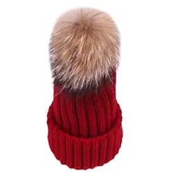 Осенне-зимняя милая детская теплая вязаная шляпа, последняя трендовая натуральная имитация из енота, лисы, меховая шерстяная шапка с
