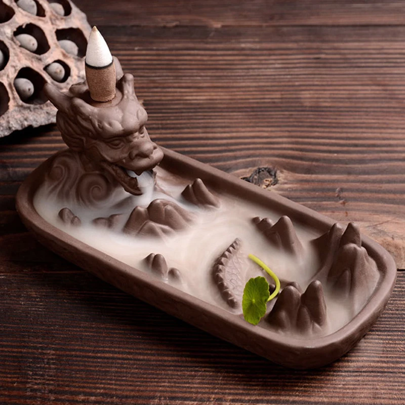 

Backflow Incense Burner Home Decor Ceramic Dragon Stick Incense Holder Buddhist Smoke Waterfall Censer + 10Pcs Incense Cones