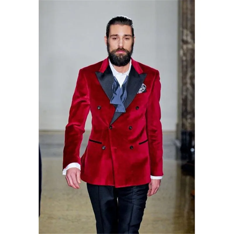 2017 Red Velvet Wedding Suits for Men Tuxedo Slim Fit 2 Piece double
