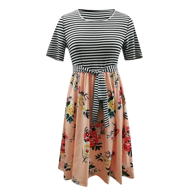  Women's Short Sleeve Stripe Floral Print Tie Waist Swing Midi Dress with Pockets Summer Holiday Dress For Ladies Girls 40MY14 (8)