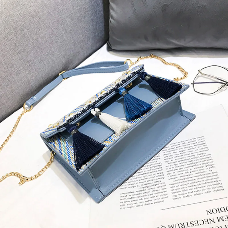Women Fashion Pearl Straw Bags Bohemian Female Summer Tassel Handbag Lady Travel Knit Shoulder Bag Beach Chains Crossbody SS3282 (1)
