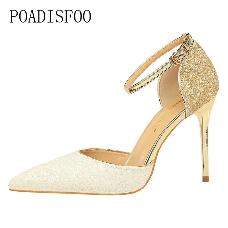 

POADISFOO style sexy nightclub female high-heeled shallow shallow mouth pointed color gradient sequins word sandals .DS-283-6