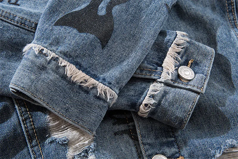 MORUANCLE Men Streetwear Ripped Jean Jackets With Holes Hi Street Distressed Denim Trucker Jacket Outerwear With Detachable Hood