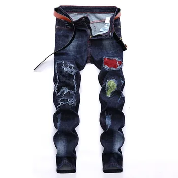 

Men Jeans Stretch Straight Patchwork Bleached Distressed Men Denim Jeans Hole Retro Pleated Fashion Male Cowboy Jeans Washed