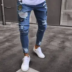 2018 Для мужчин хип-хоп джинсы Для мужчин отверстие вышитые джинсы узкие модные Джинсовые бегунов Для мужчин s брюки Moletom Masculino плюс размеры S ~